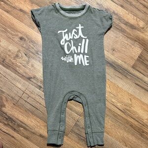 Green and Gray Striped Baby Romper with 'Just Chill with Me' Print